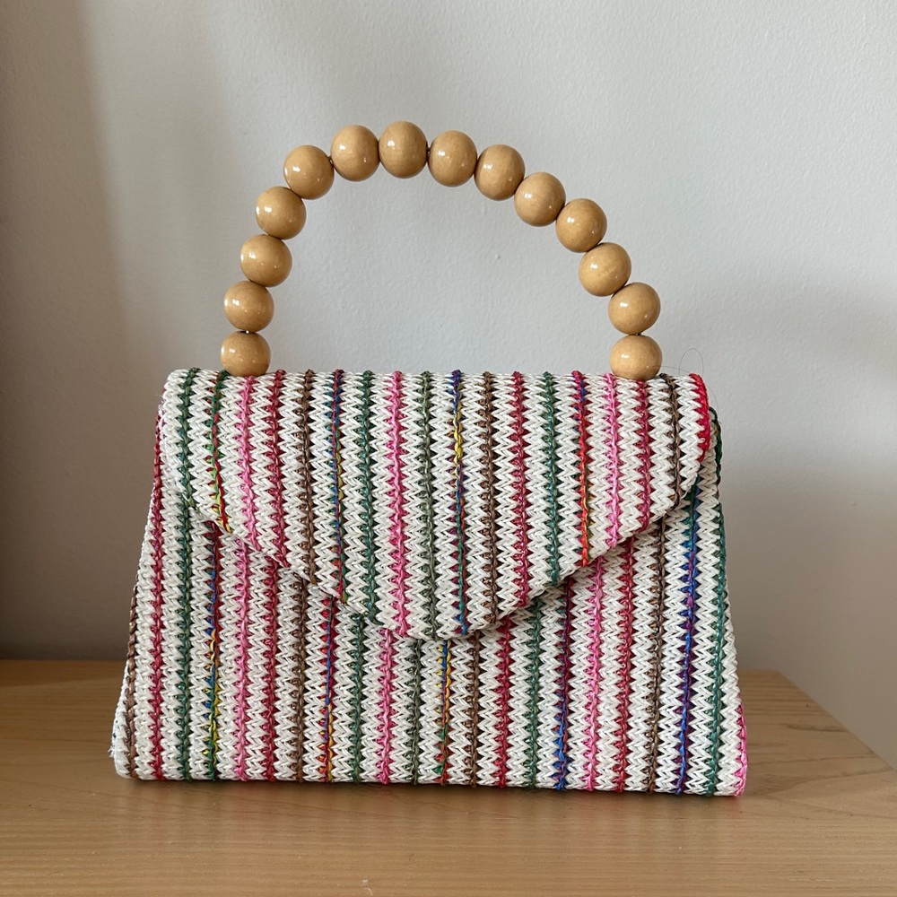 Alessia Raffia Stripped Beaded Top Handle Bag